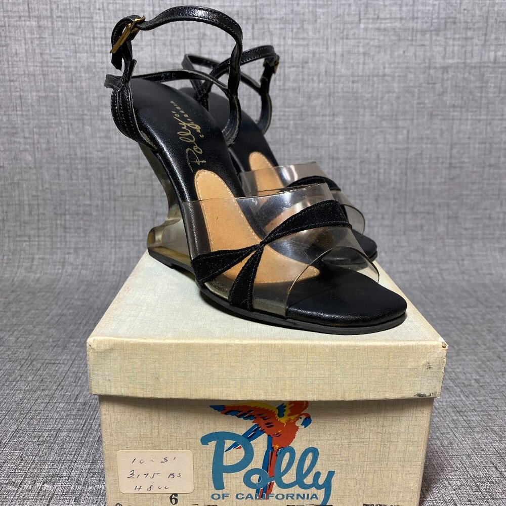 Vintage Polly of California Black Vinyl Mules Heel Wedge